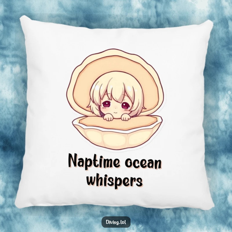 Funny pillow with a curious character peering into a seashell, offering comfort and a playful touch of the ocean.