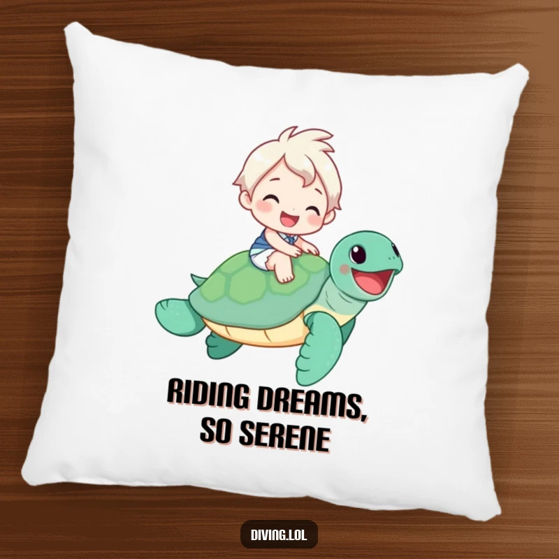 Funny Pillow: Soft cushion featuring a character beaming while riding a smiling sea turtle, adding cozy charm.