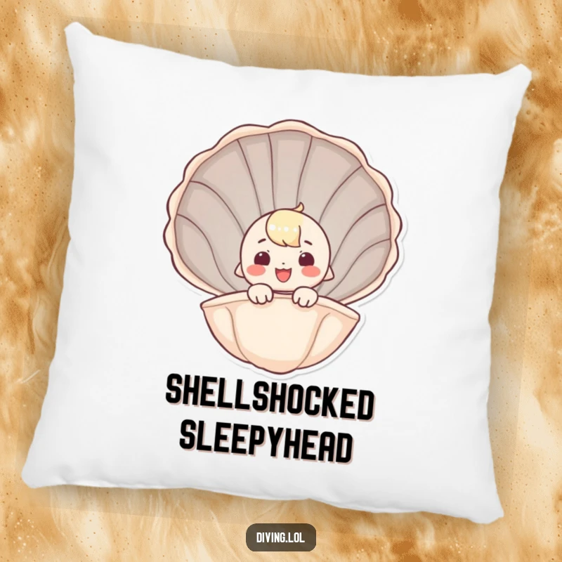 Funny pillow featuring a smiling character peeking out of a giant seashell, offering comfort and whimsical delight.