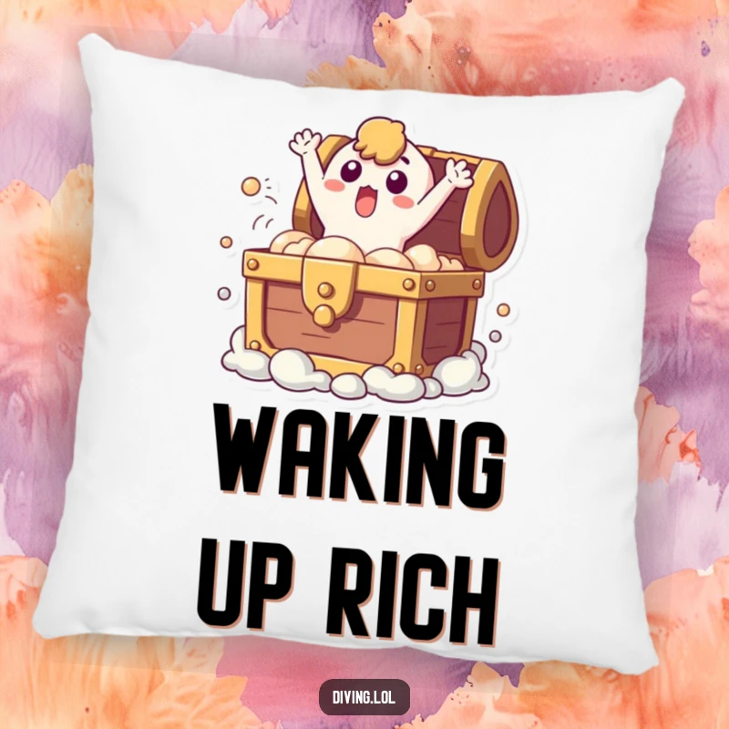 Funny pillow with a surprised character bursting from a treasure chest, offering soft comfort and a reminder of unexpected delights.