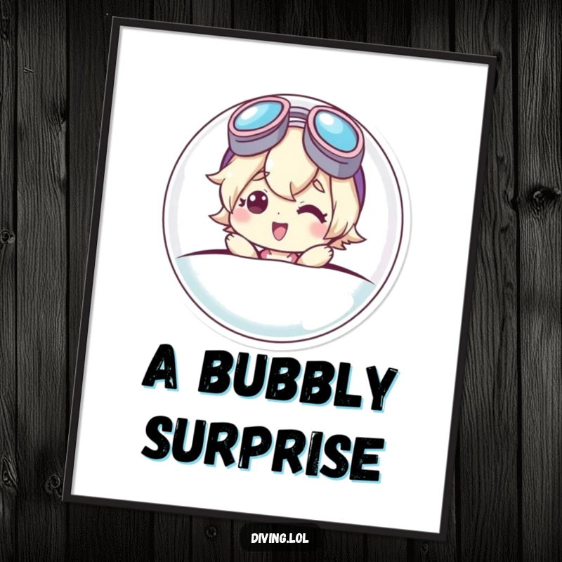 Funny digital art print of a cute character emerging from a bubble, wearing askew goggles and a big smile, radiating pure joy and fun.