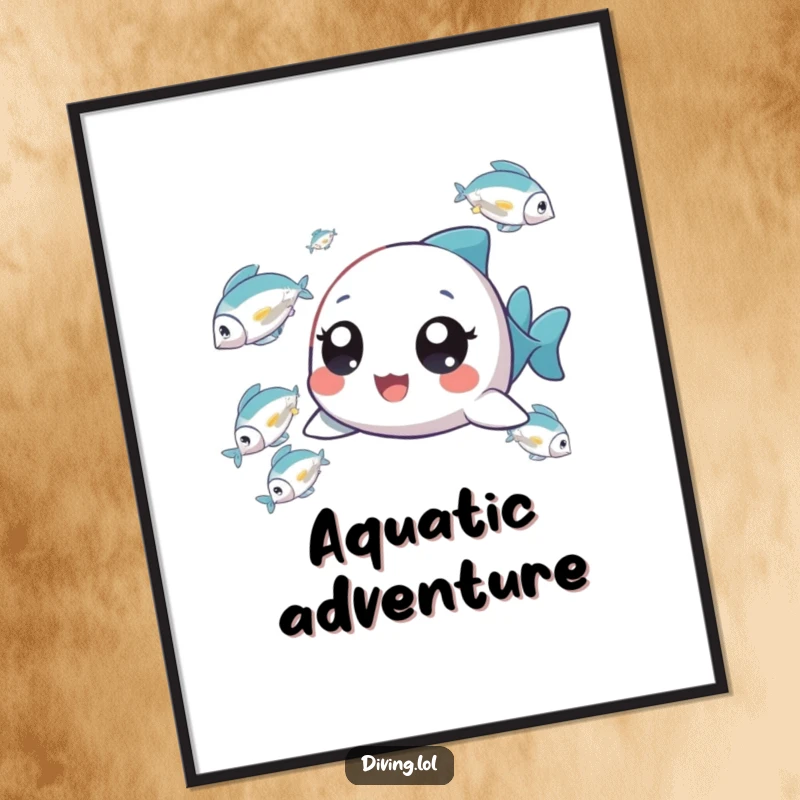 Funny Tiny Fish Chaser Digital Art Print: A tiny character with wide eyes chases fish, bringing instant wonder to decor.