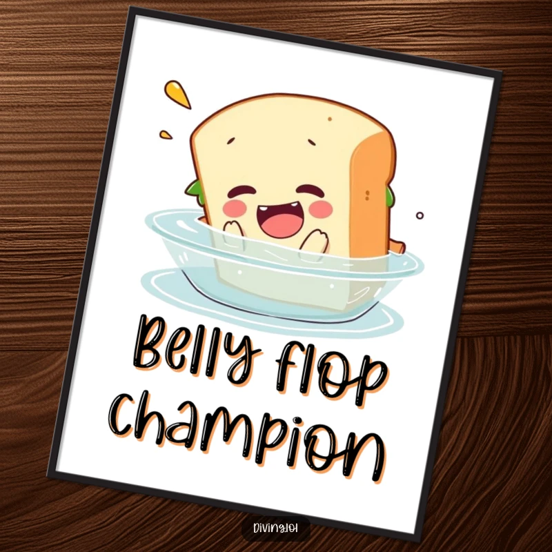 Funny digital art print of a sandwich character performing a comical belly flop into water, ready to add humor instantly.