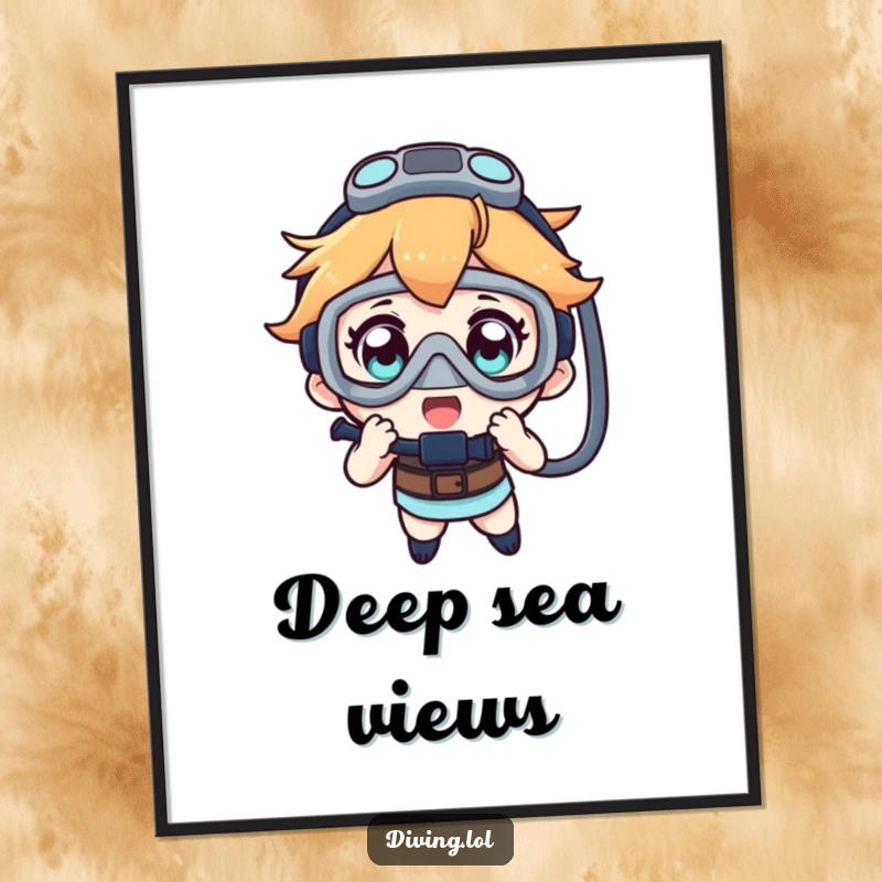 Funny digital art print of a character’s amazed face, captivated by the potential of a dive mask, ready for exploration.