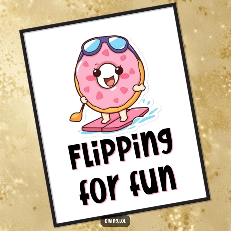 Funny digital art print of a cheerful doughnut character in flippers, paddling enthusiastically, ready to add humor to any space.