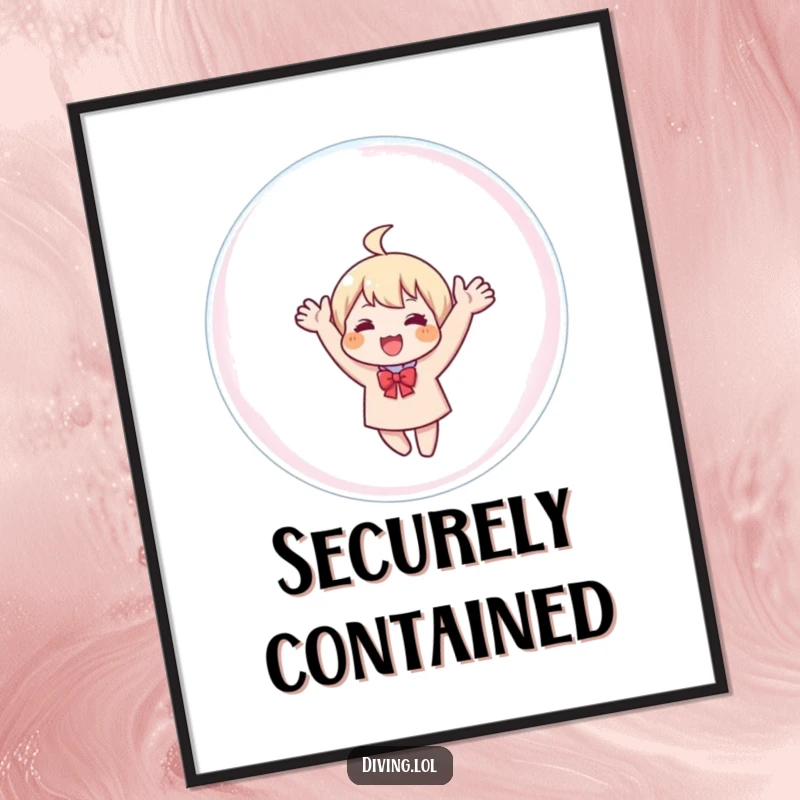 Funny digital art print of a character waving from within a large bubble, offering instant humorous wall decor.