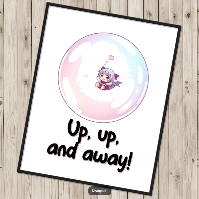Funny small character digital art print, joyfully riding a giant bubble underwater, for instant whimsical wall decor.
