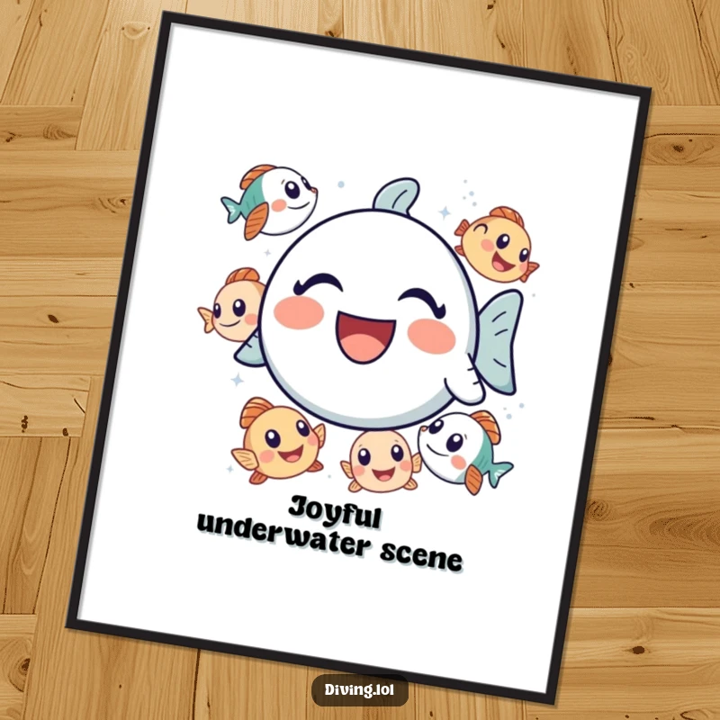 Funny bubbly icon digital art print, depicted laughing amidst curious fish, for instant humorous wall decor.