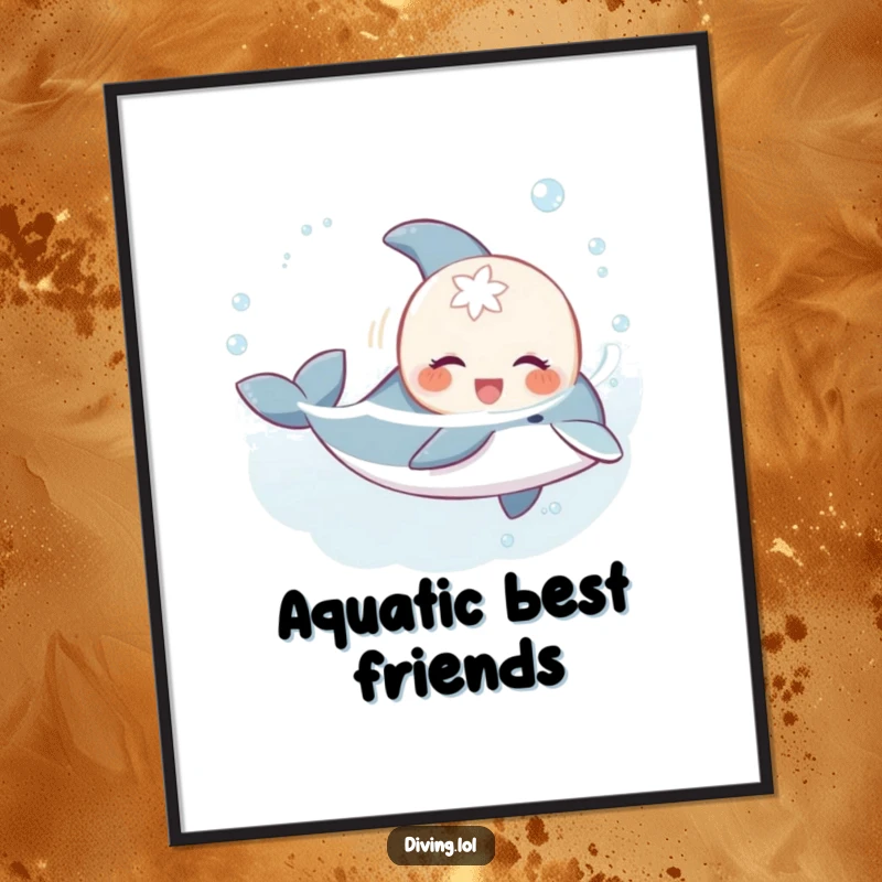 Funny sweet creature digital art print, gleefully swimming with a playful dolphin, for instant humorous wall decor.
