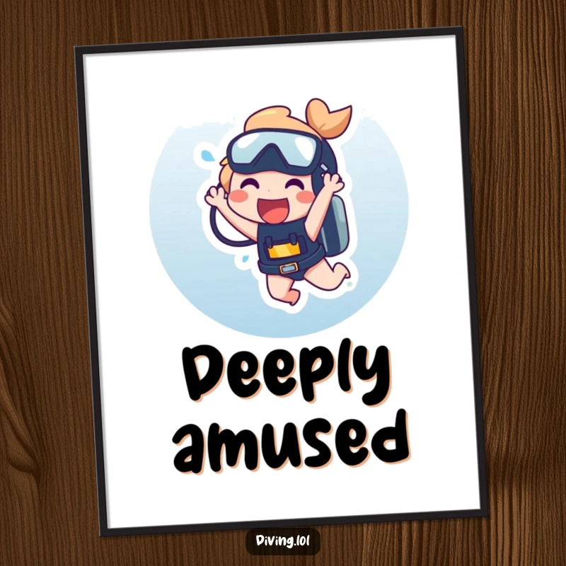 Funny Digital Art Print of a character laughing hysterically while dangling from a scuba tank, capturing extreme underwater humor.