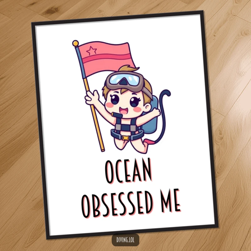 Funny digital art print of a cute character happily waving from a dive flag, creating cheerful underwater vibes for humorous decor.