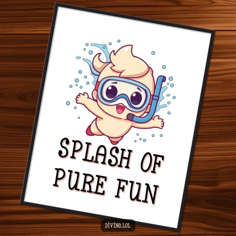 Funny cute character digital art print, capturing a big splash while diving underwater with a snorkel, for instant decor.