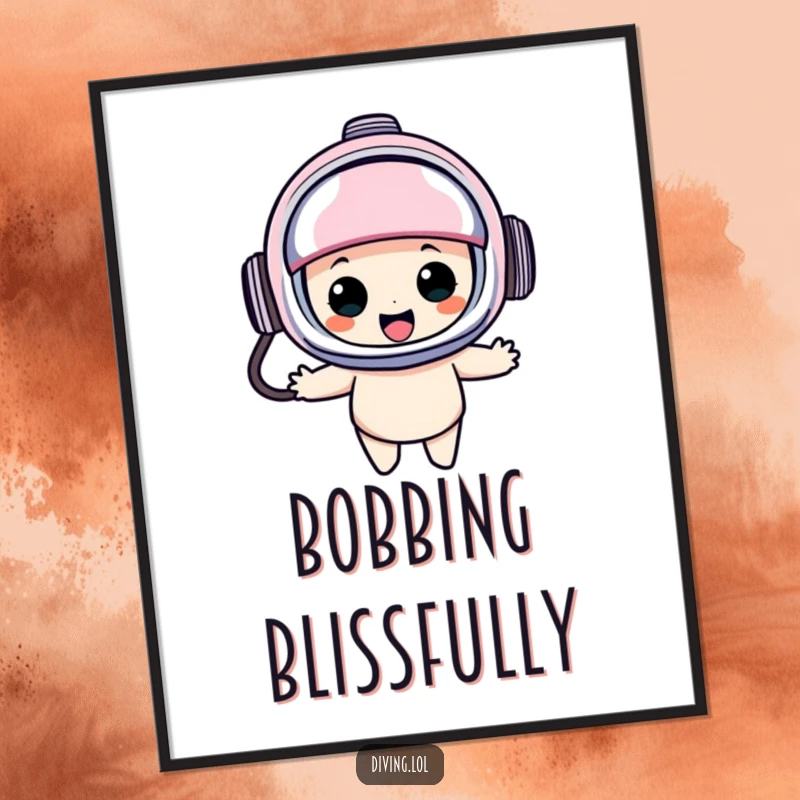 Funny diving helmet digital art print depicting a character in an oversized helmet, bobbing happily, capturing a moment of pure underwater delight.