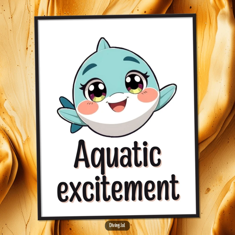 Funny digital art print of a character with wide, excited eyes, swimming rapidly with a playful grin, capturing energy.