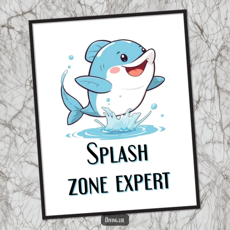 Funny fins digital art print depicting a character gleefully kicking their fins, creating a lively spray of water, capturing a moment of pure aquatic joy.