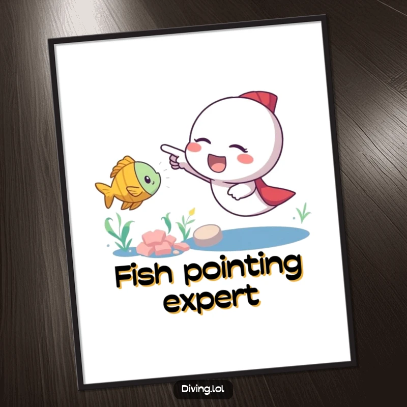Funny fish pointer digital art print depicting an excited character gleefully pointing at a small, swimming fish, capturing a moment of charming discovery.