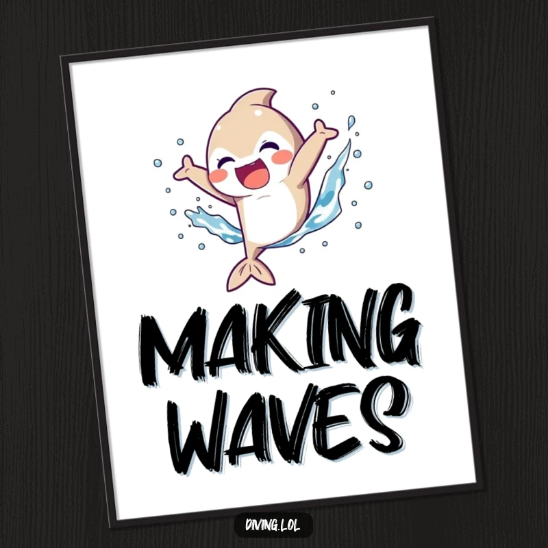 Funny Digital Art Print of a character enthusiastically kicking fins, creating a massive, joyful splash, capturing pure aquatic bliss.