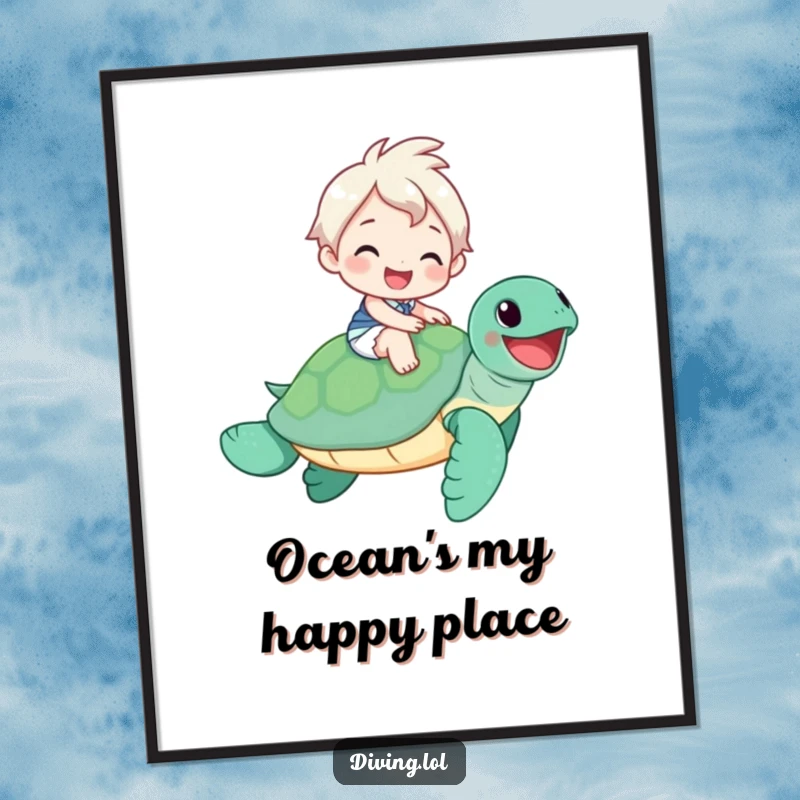 Funny Digital Art Print: Cheerful character riding a smiling sea turtle, offering instant decorative joy and humor.