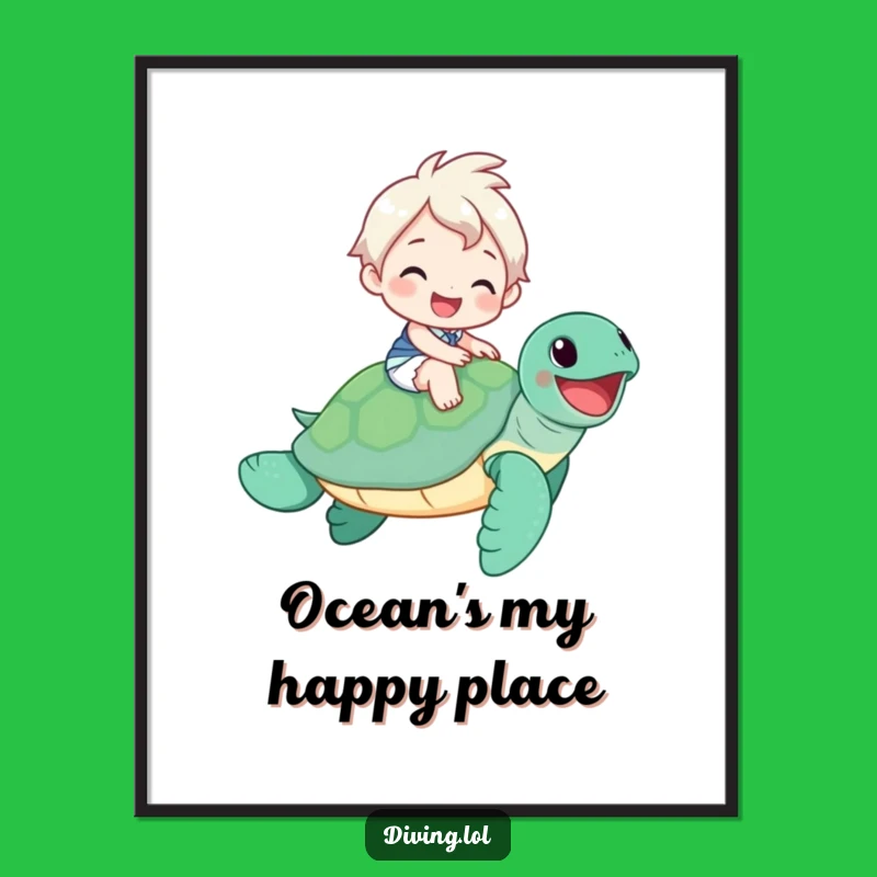 Funny Sea Turtle Rider Digital Art Print: Decorate with a Cheerful Smile and Ocean Magic