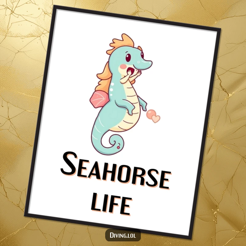 Funny digital art print of a small character joyfully riding a massive seahorse, capturing pure delight and ocean fantasy.