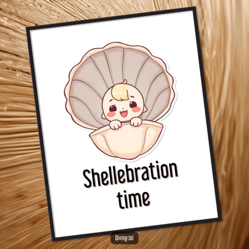 Funny digital art print of a happy character peeking from a giant seashell, radiating warmth and seaside cheer.