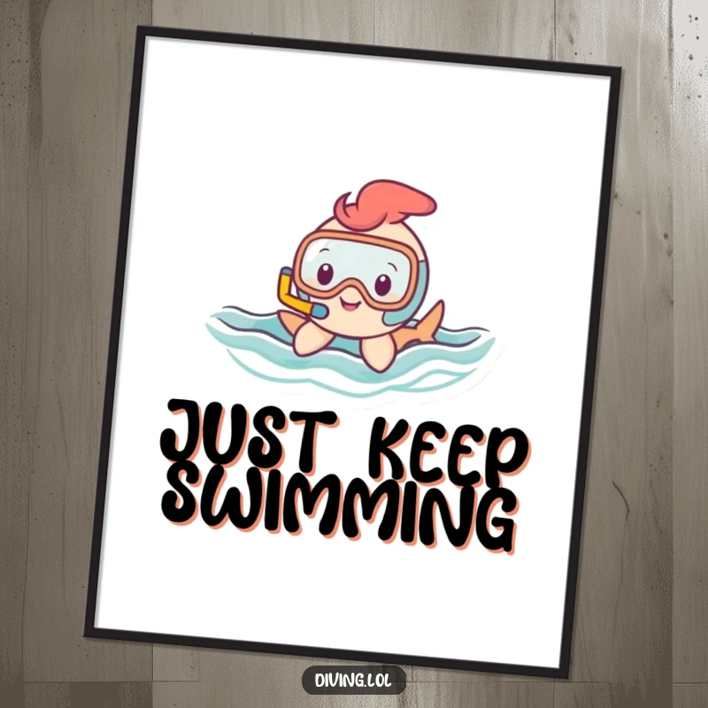Funny digital art print of a small, happy character with a snorkel gracefully gliding through wavy water, embodying underwater tranquility and joy.