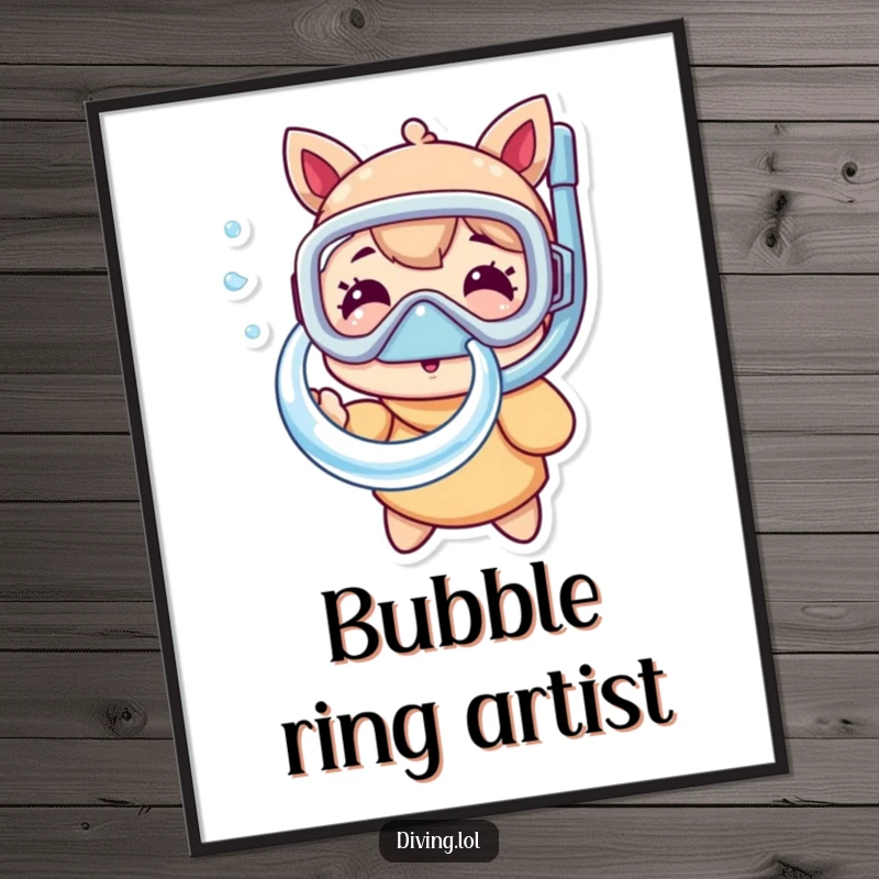 Funny snorkel mask digital art print depicting a character happily blowing a large bubble ring, capturing the delightful and amusing side of aquatic life.