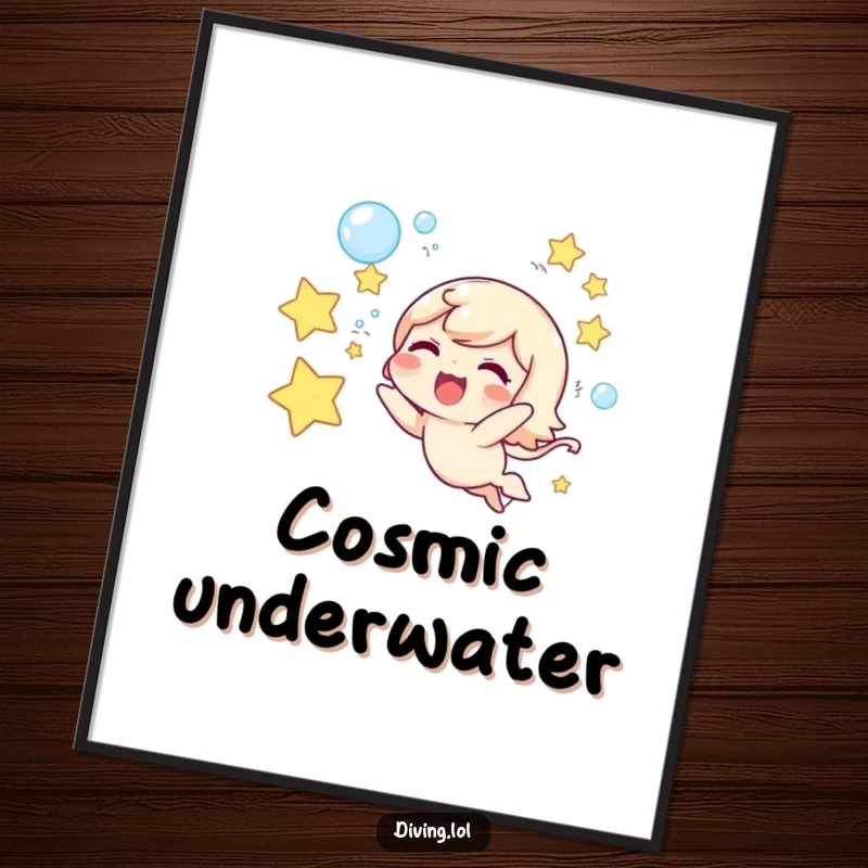 Funny digital art print of a cute character joyfully blowing underwater star-shaped bubbles, capturing magical moments.