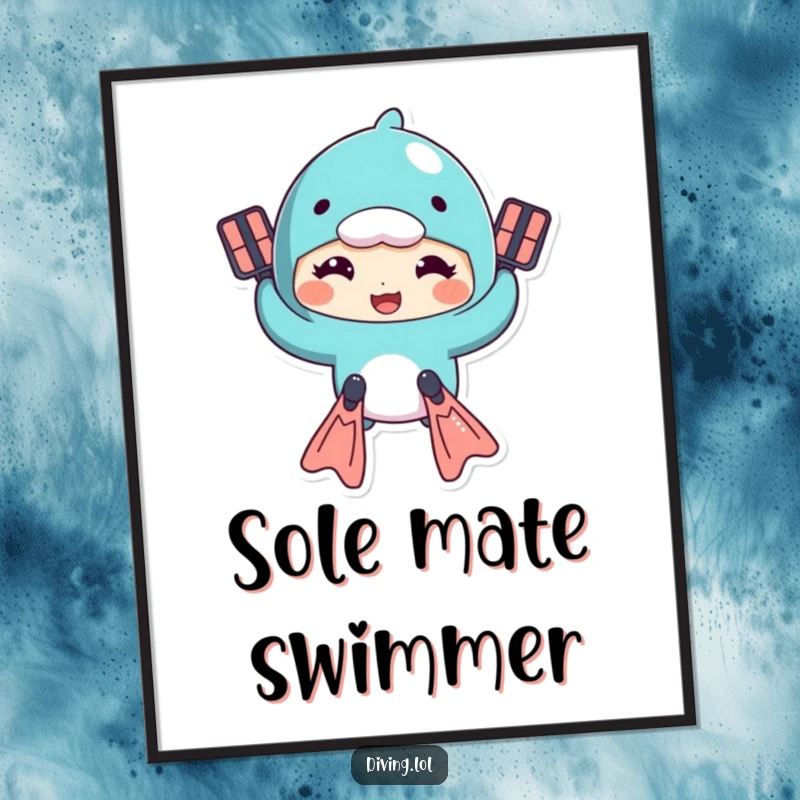 Funny digital art print of a character comically swimming with flippers and a goofy expression, capturing playful aquatic joy.