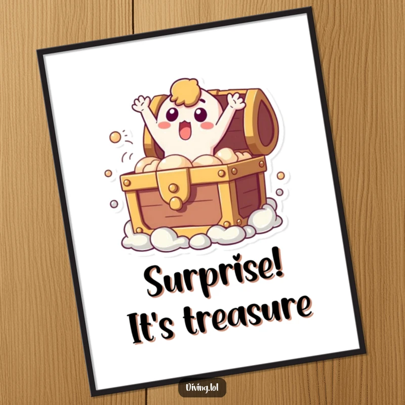Funny digital art print of a surprised character bursting from a bubbling treasure chest, creating an exciting and humorous focal point for decor.
