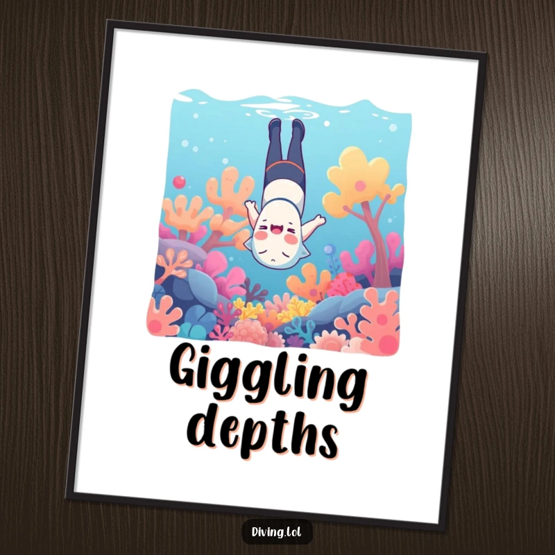 Funny underwater digital art print, showing a character giggling upside down amongst colorful coral, instant download for decor.