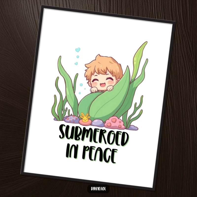 Funny character peeking from behind an underwater plant, capturing a moment of playful discovery and charming aquatic wonder.