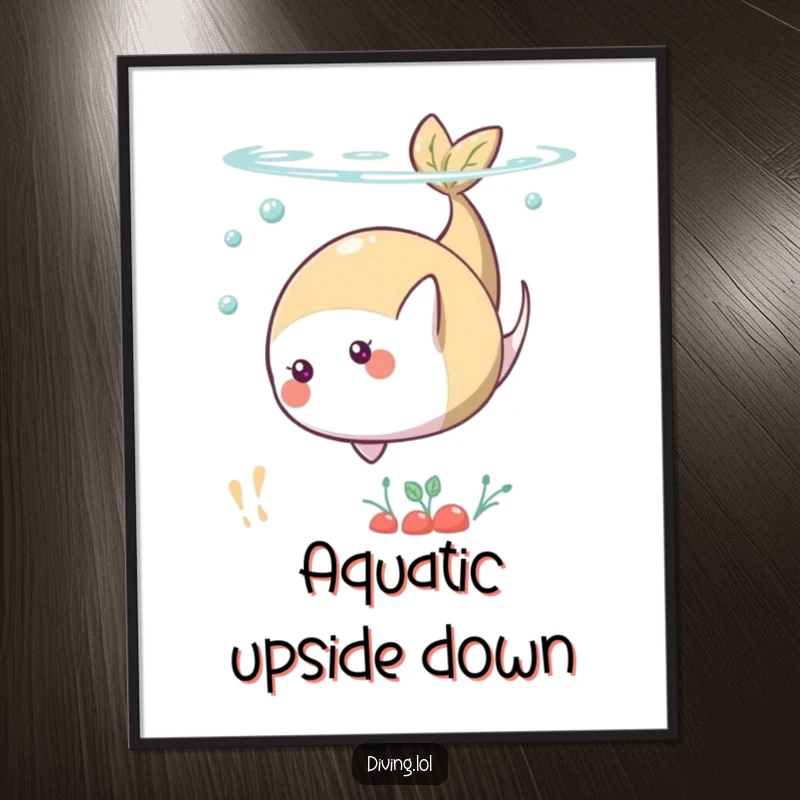 Funny digital art print of a playful food character performing a somersault underwater, ready to add instant whimsy.