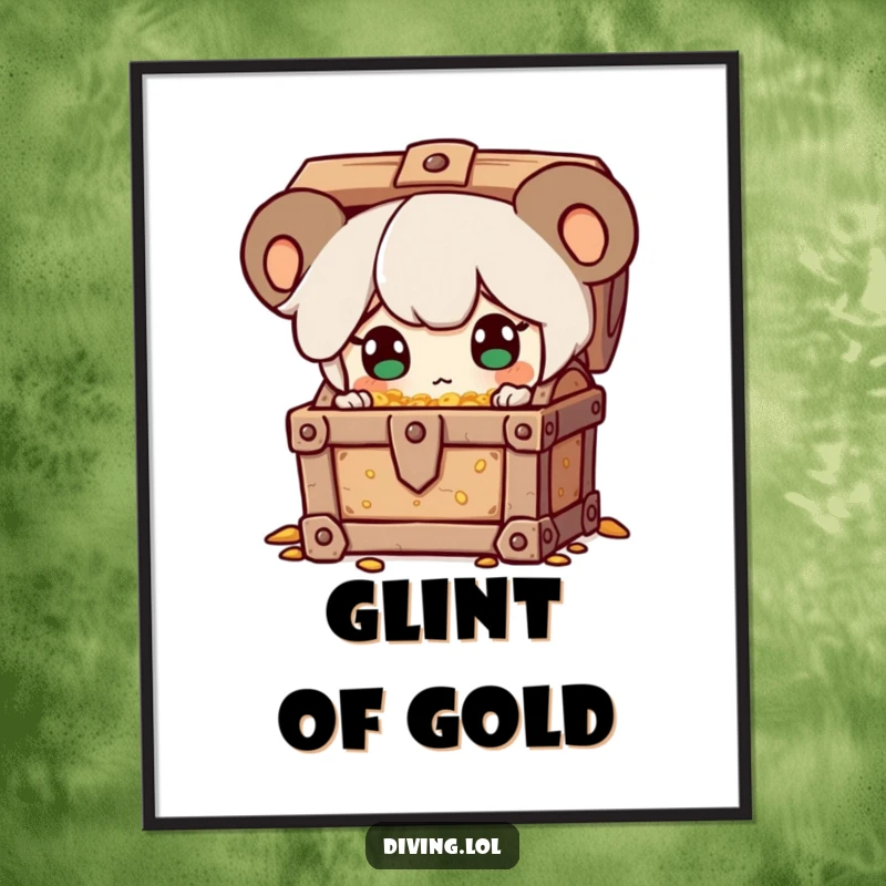 Funny digital art print of a character discovering a treasure chest, eyes sparkling with surprise, capturing the thrill of discovery.