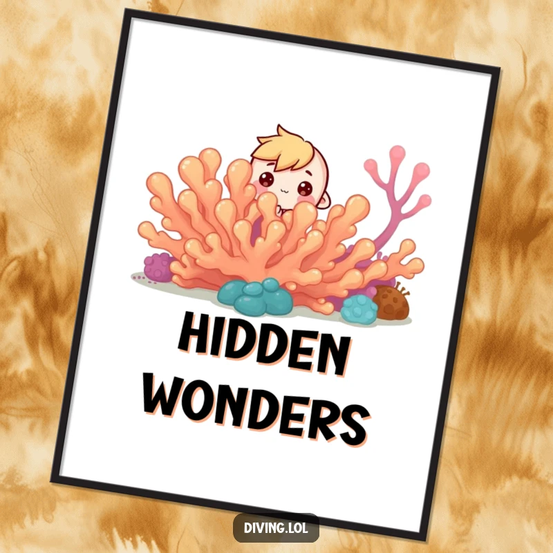 Funny Curious Reef Digital Art: Tiny character peeks from coral reef, curious eyes, instant humorous wall decor.