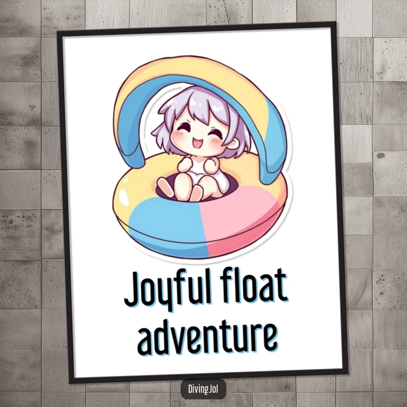 Funny digital art print of a cute character joyfully floating on a colorful inflatable, bringing ultimate relaxation and happiness to any space.