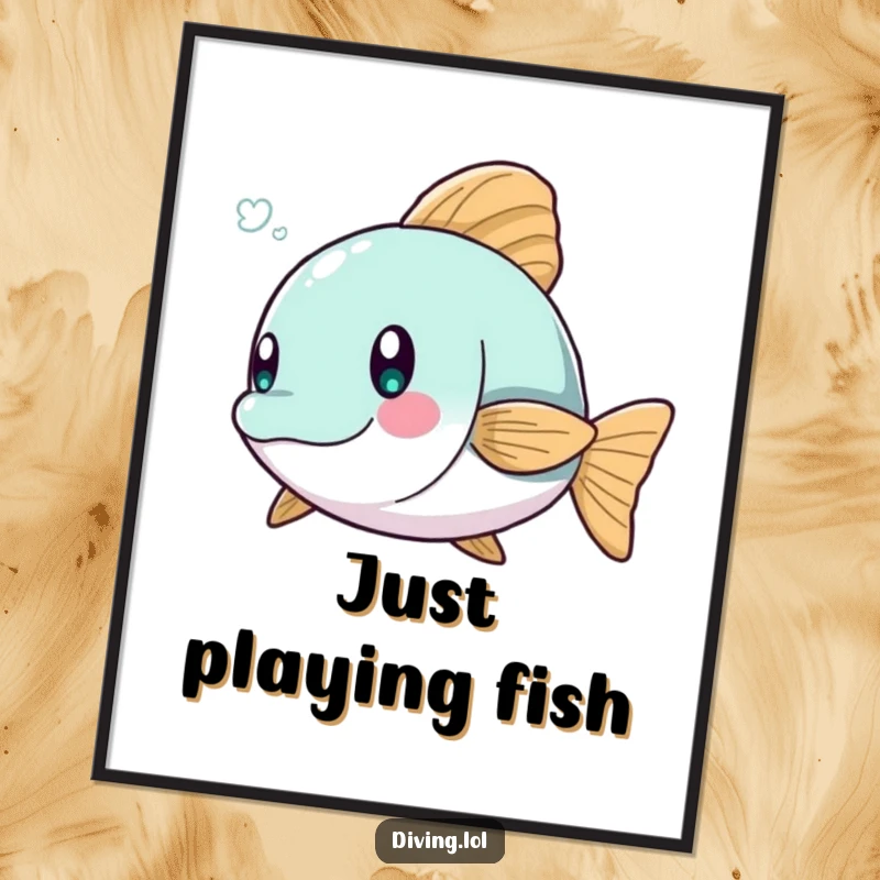 Funny digital art print of a character humorously dodging a playful fish, creating a lively underwater scene.