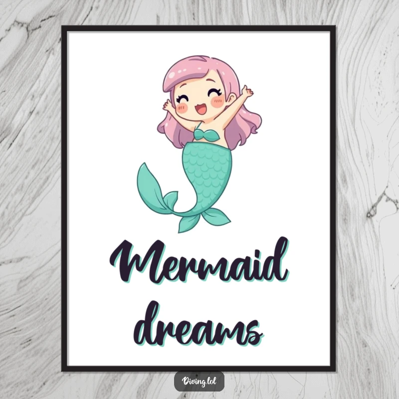 Funny Digital Art Print of a playful character joyfully kicking legs, pretending to be a mermaid with infectious delight.