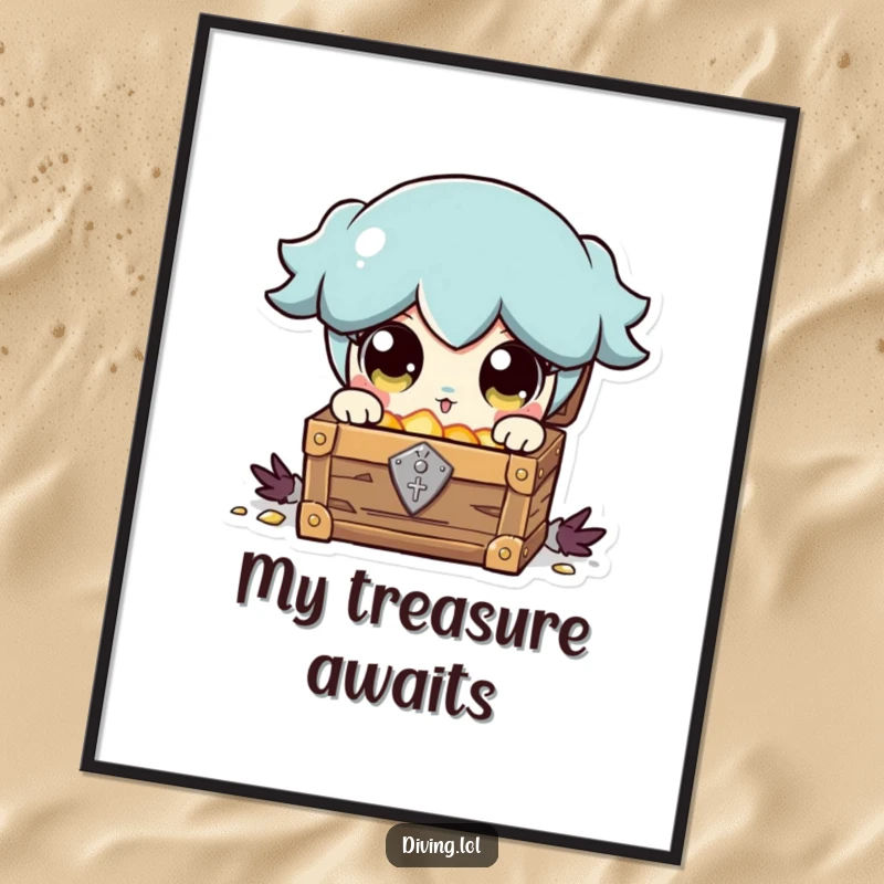 Funny digital art print of a character with wide, shining eyes finding a treasure chest, symbolizing wealth and happiness.