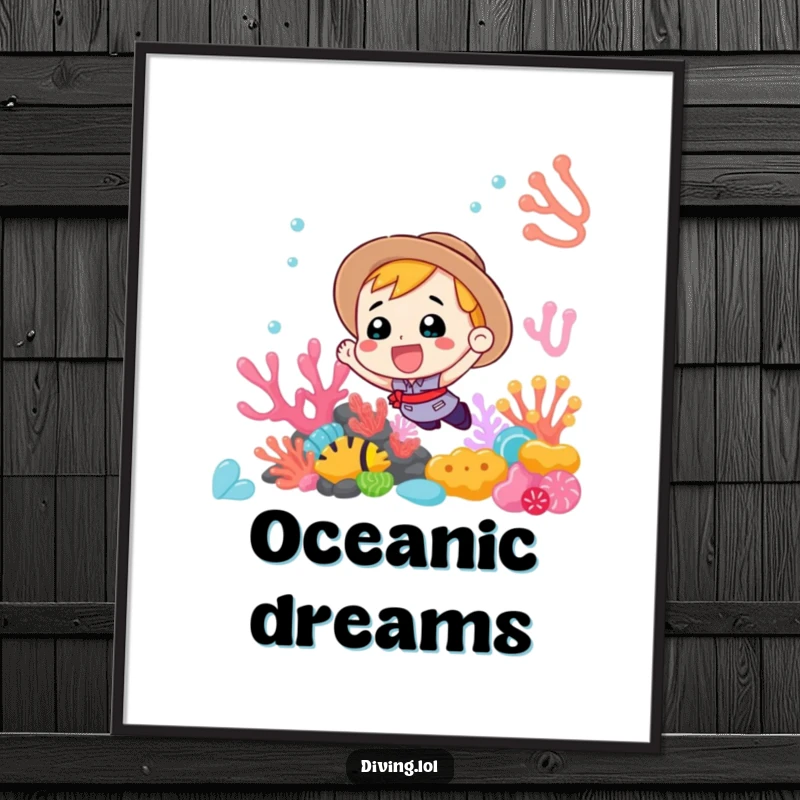 Funny Digital Art Print of an enthusiastic subject exploring a mesmerizing, colorful coral reef with infectious excitement.