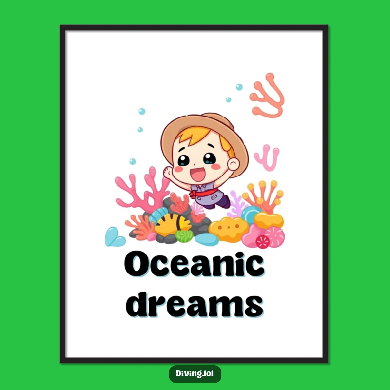 Funny Coral Reef Digital Art Print: Enthusiastic Diver's Exciting Underwater Scene, Unique Funny Gift