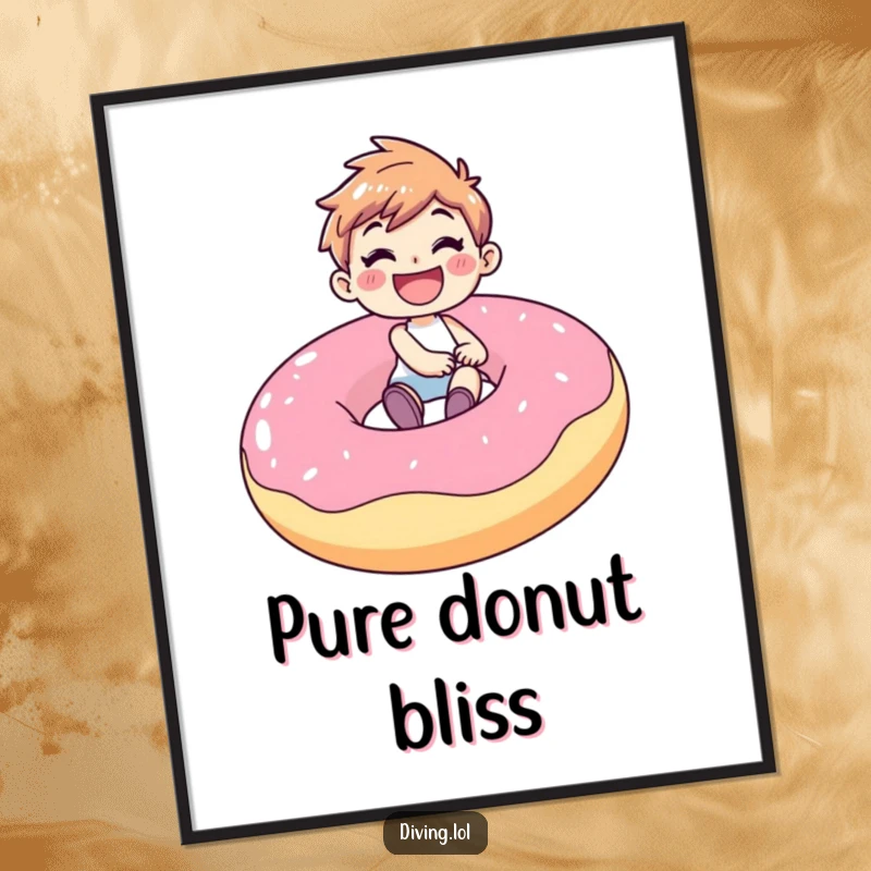 Funny digital art print of a gleeful character with a massive grin, riding a giant inflatable donut, capturing a moment of pure, sugary fun.