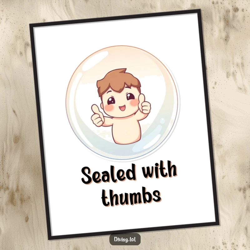 Funny digital art print of a character giving two thumbs up from within a giant bubble, radiating positivity.