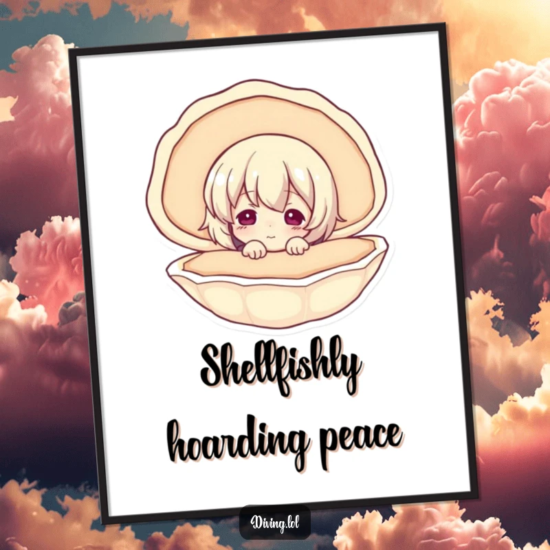 Funny digital art print of a curious character peering into a seashell, full of wonder and seaside magic.