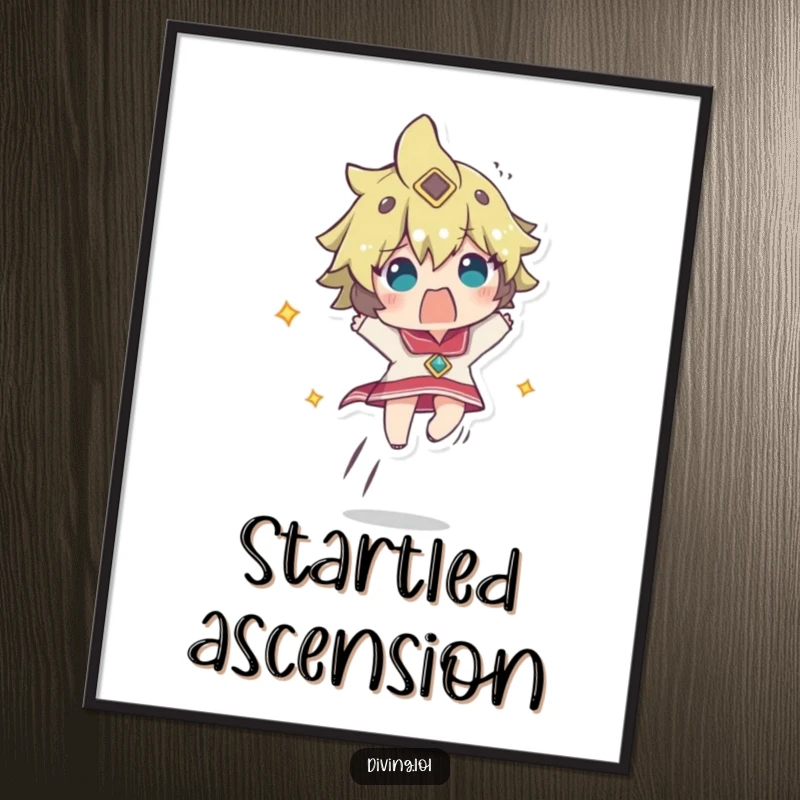 Funny digital art print showing a character ascending rapidly, looking comically startled, a downloadable hilarious artwork.