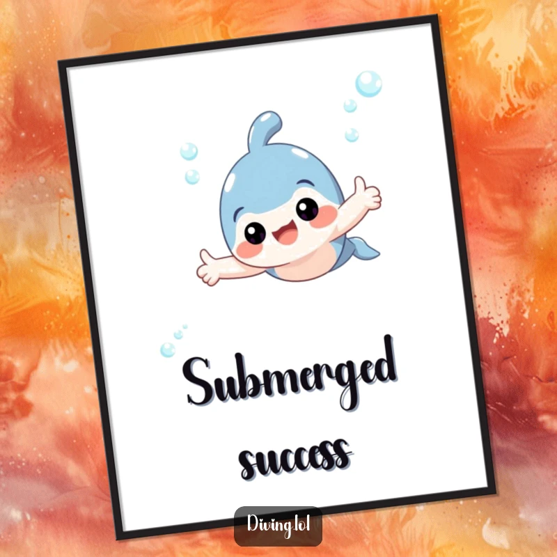 Funny digital art print of an adorable character swimming underwater, giving a thumbs up, celebrating aquatic joy.