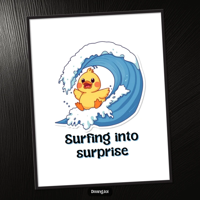 Funny duck wave digital art print of a surprised rubber duck character crashing into a giant wave, a high-resolution humorous illustration.