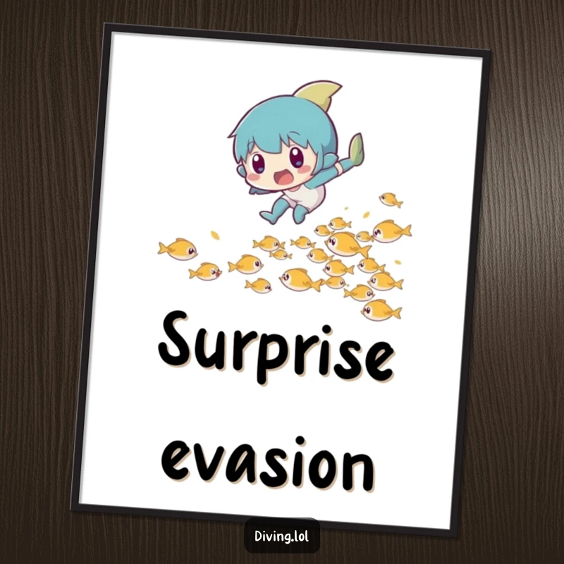 Funny digital art print of a character making a surprised leap, playfully dodging a school of tiny fish.