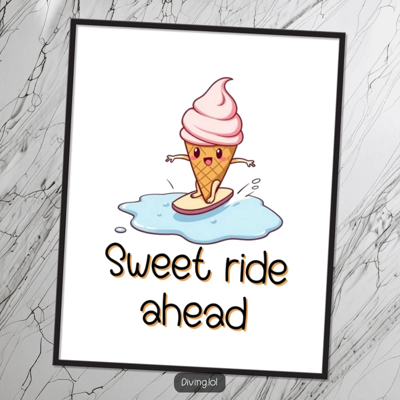 Funny digital art print of a determined ice cream cone character surfing a melting puddle, ready to inspire instantly.