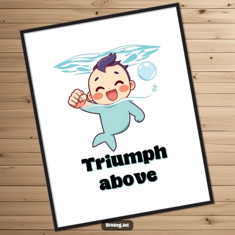 Funny digital art print of a character joyfully surfacing with a fist pump and a happy bubble, radiating success.